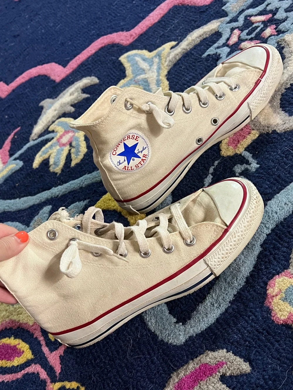 Classic High-Top Canvas Sneakers in Cream with Red Trim
